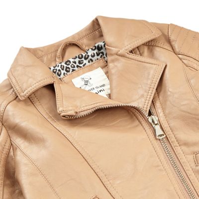 Mini girls brown leather-look biker jacket